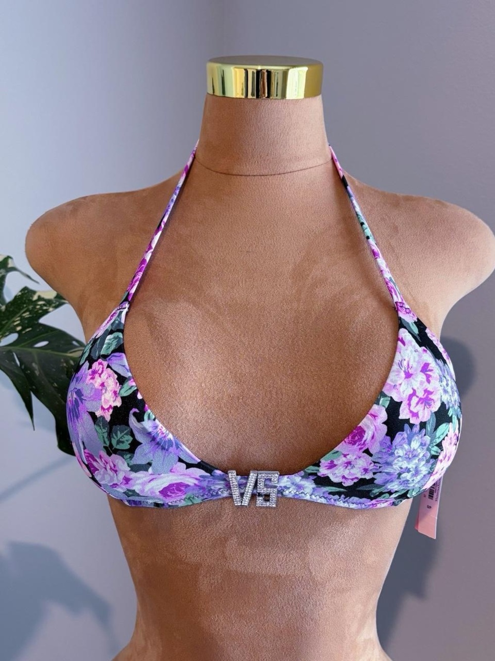 Victoria’s Secret NWT Purple Floral Triangle Bikini Top Rhinestone VS Detail 💜✨
